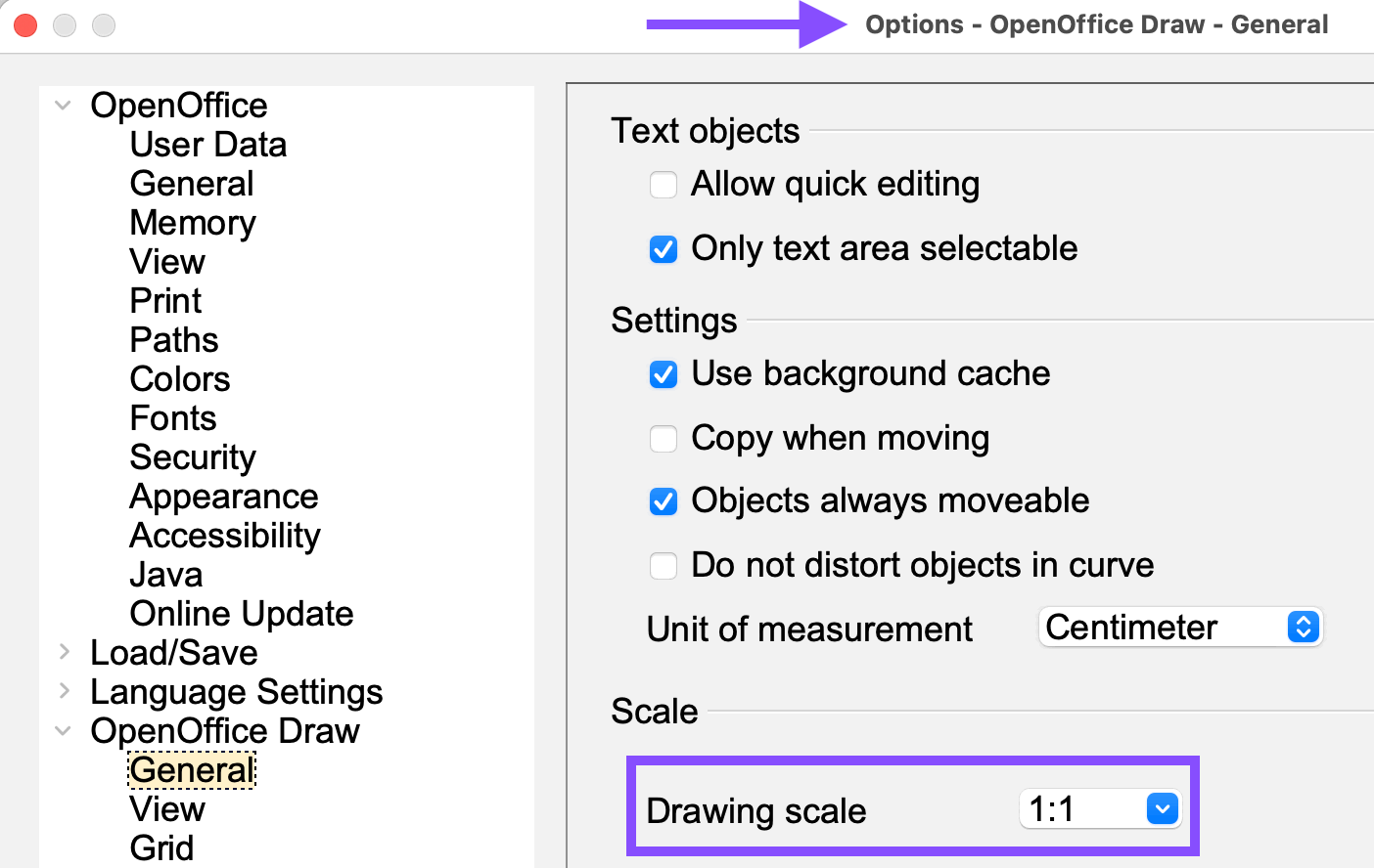 Draw's scale setting