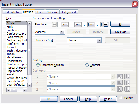 Entries page for bibliographies