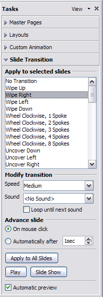 Task pane, showing Slide Transition page