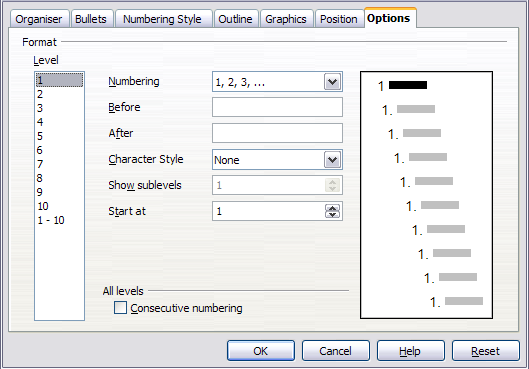 Options dialog settings