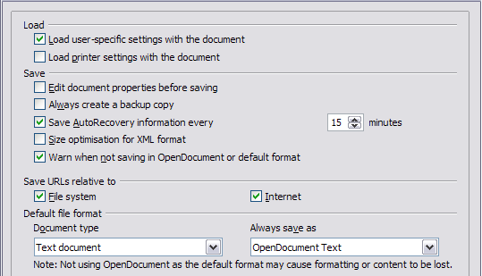 Choosing Load and Save options