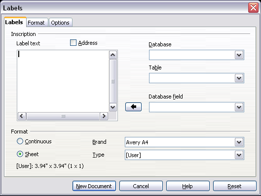 Labels dialog box