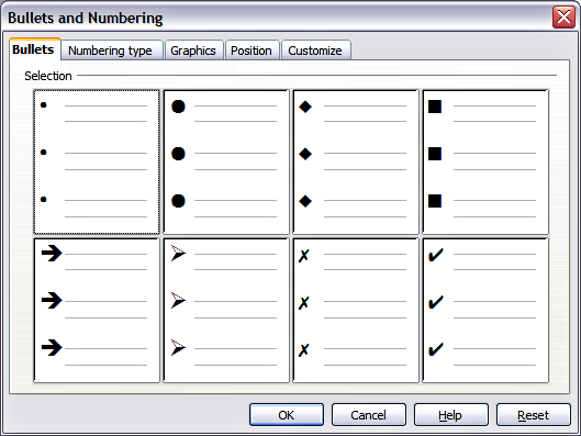 Bullets and Numbering dialog