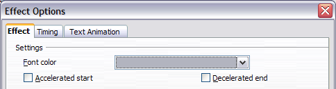 Effect option settings for a font color effect