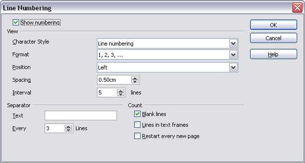 Line numbering dialog