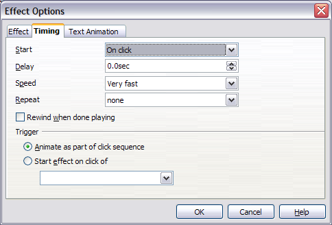 Timing page of Effect Options dialog