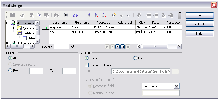 Mail Merge dialog box