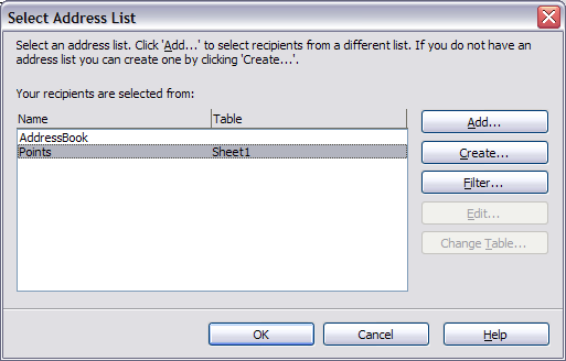 Select address list dialog