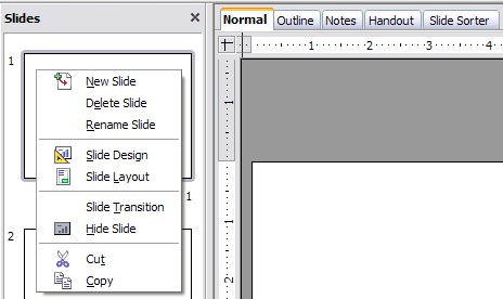 Pop-up menu on the Slides Pane