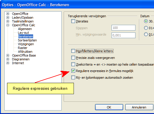 kiezen om reguliere expressies in functies van Calc te gebruiken