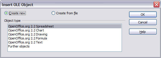 Insert OLE Object dialog