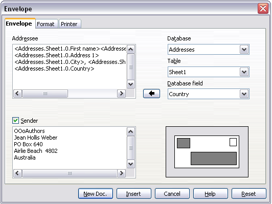 Database fields for envelope