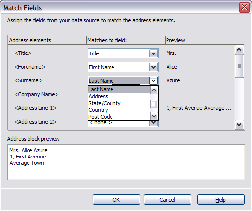 Match fields dialog box