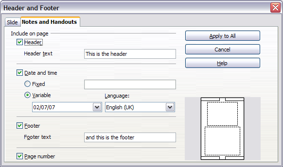 Setting up header and footer for notes