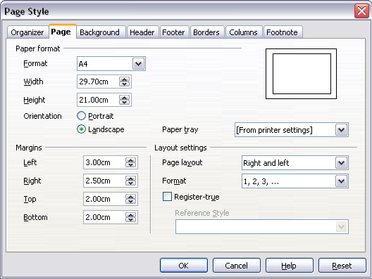 Landscape page settings