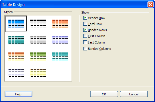 Table design dialog for Draw