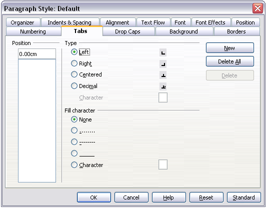 Specifying tab stops