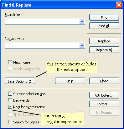 location of regular expression tick box