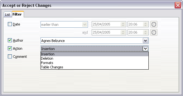 Filter tab of the Accept or Reject Changes dialog