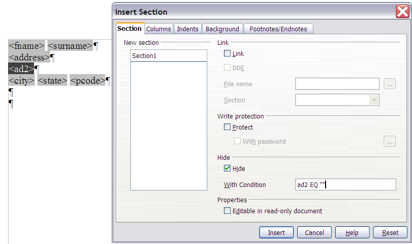 Setting a condition for a hidden section.